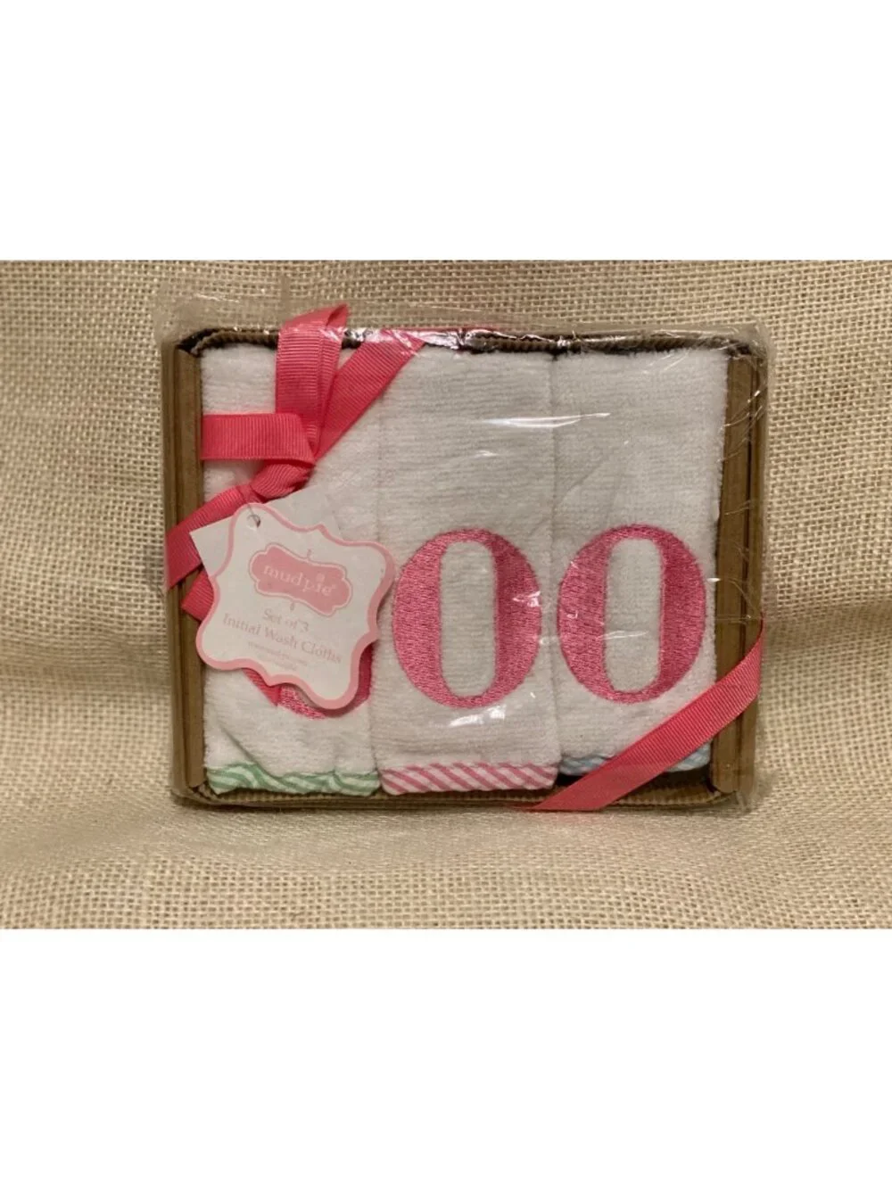 Mud Pie NWT monogram seersucker bath wash cloth set Baby Gift embroidered N O I